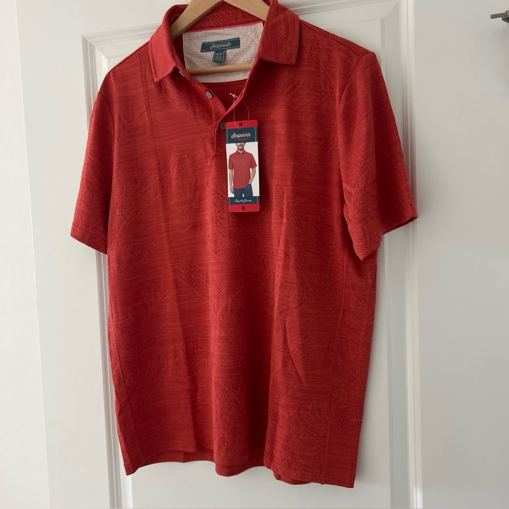 Seapointe Red Short-Sleeve Polo Shirt with a Subtle Palm Print Medium NWT